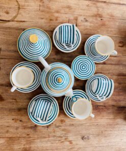 Traditional Tea Set | Handmade Asfi Blue Stripes | Moroccan Pottery | Beldi | Moroccan Garden